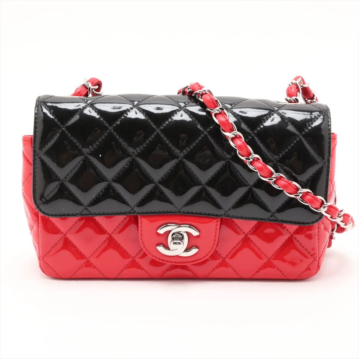 Mini Matelassé 20 Patent Leather Single Flap Single Chain Bag, Black x Red, Silver Hardware, 29195676, Serial Number 29-series, A69900