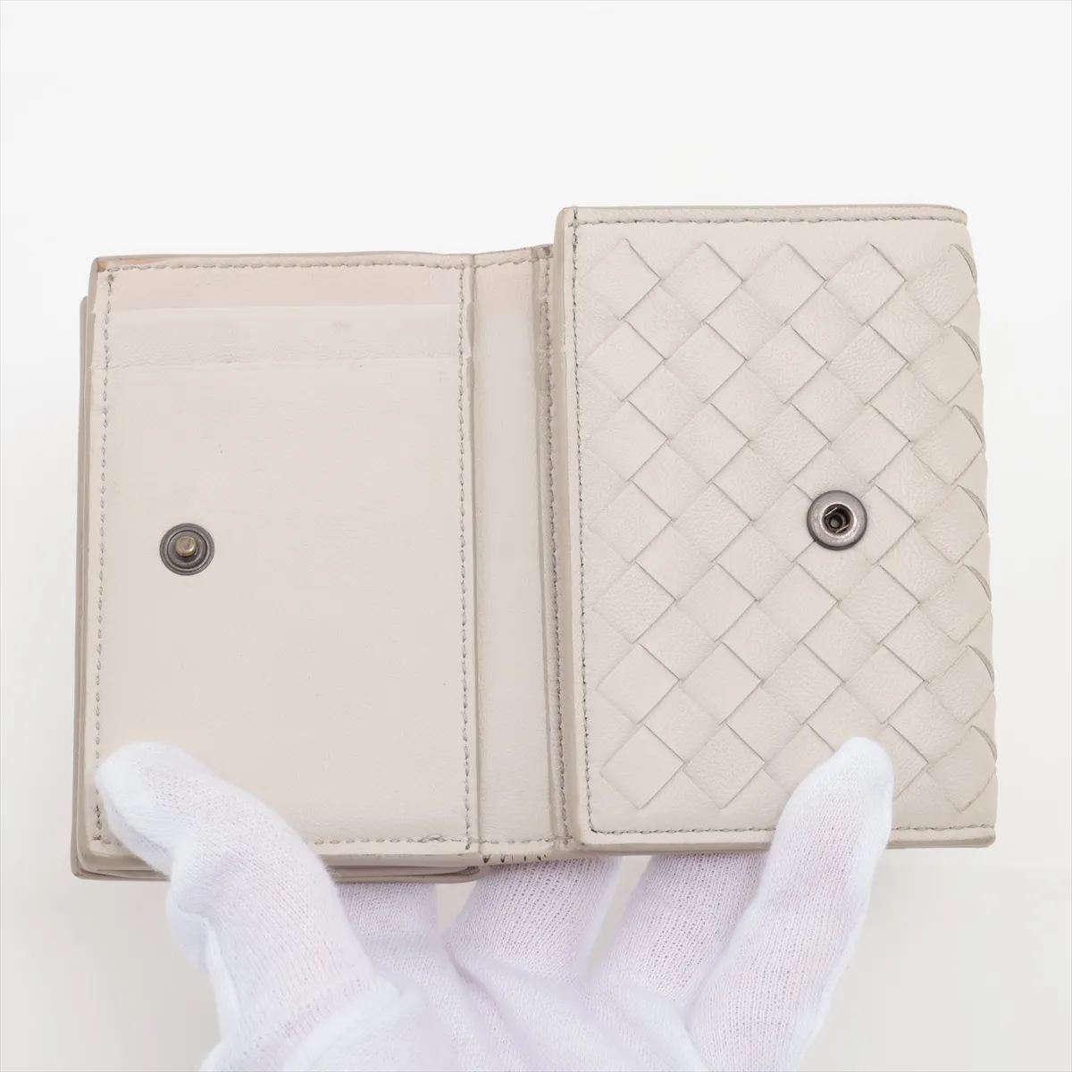 Intrecciato Leather Compact Wallet, Ivory — view 4