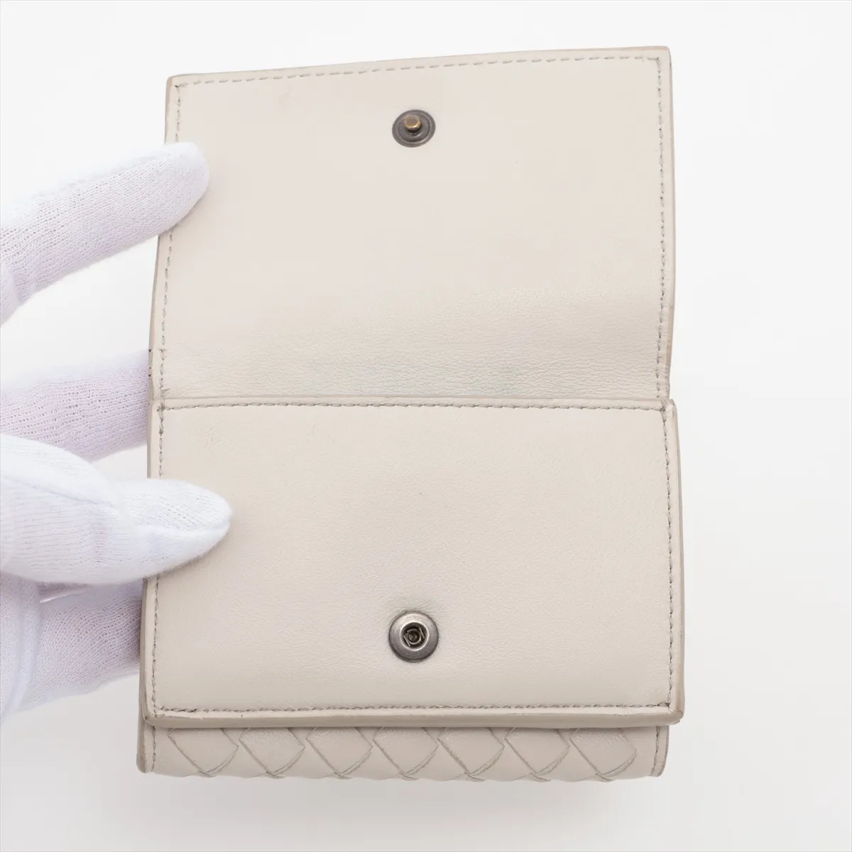 Intrecciato Leather Compact Wallet, Ivory — view 5