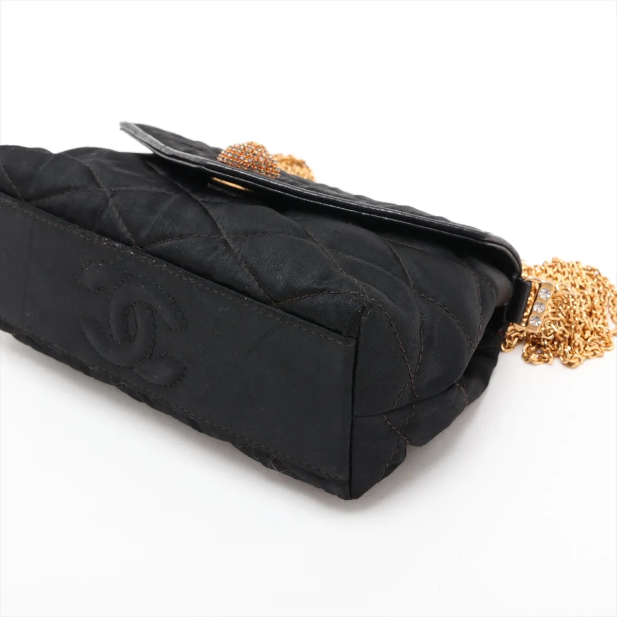 Matelassé Satin Chain Shoulder Bag, Push Lock, Black with Gold Hardware, 0752640 (Serial Number 0) — view 3