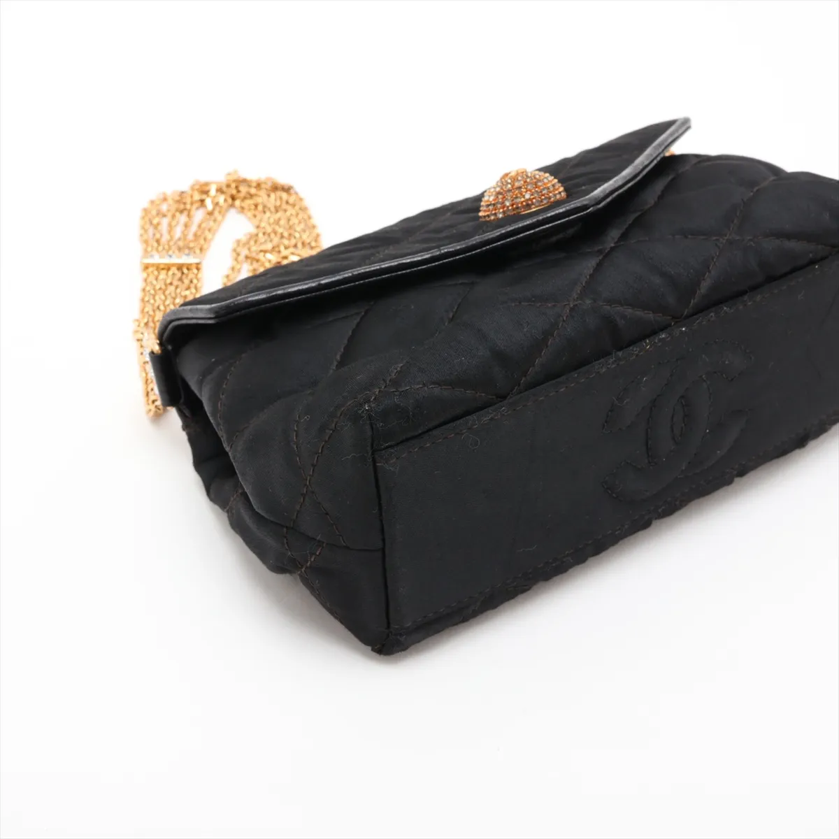 Matelassé Satin Chain Shoulder Bag, Push Lock, Black with Gold Hardware, 0752640 (Serial Number 0) — view 4