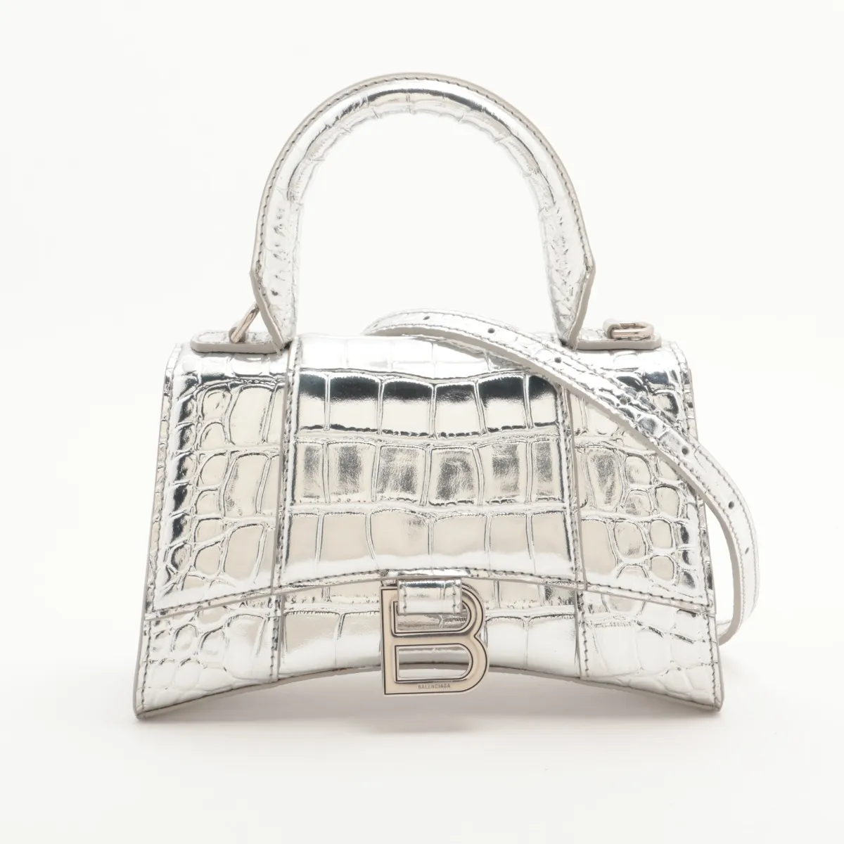 Hourglass XS 592833 Crocodile Embossed 2-Way Handbag Silver 592933.