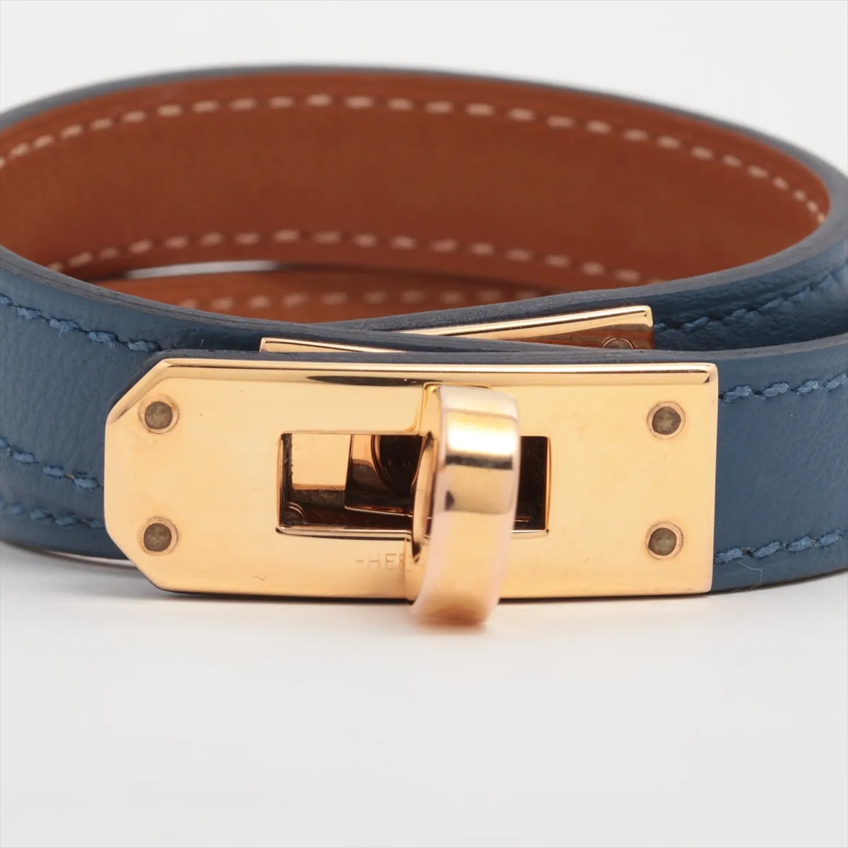 Mini Kelly Double Tour W:2024 Bracelet T2 GP x Leather Gold x Navy. Shows — view 3