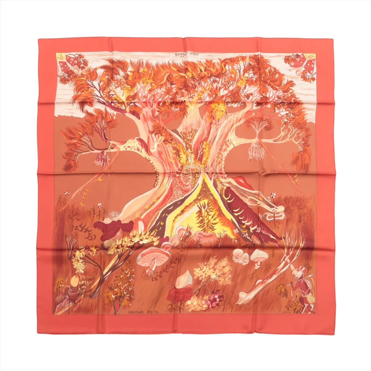 Carre 90 Kuggor Tree scarf, silk, red. Shows signs of wear,