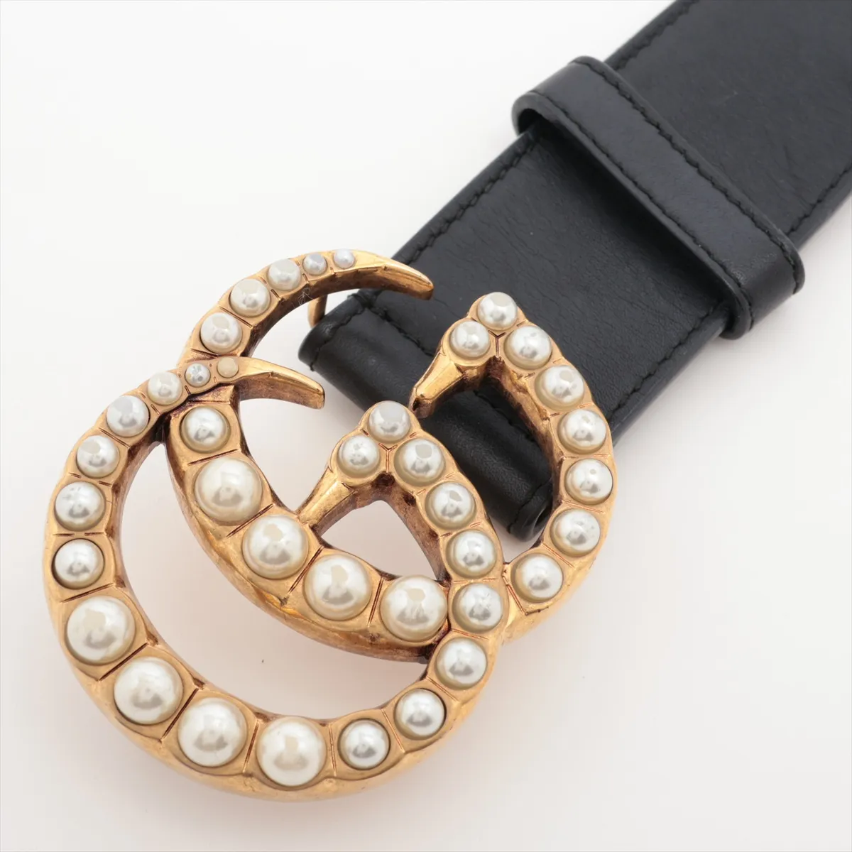 453260 GG Marmont Belt 85 GP x Faux Pearl x Leather Black x Gold — view 2