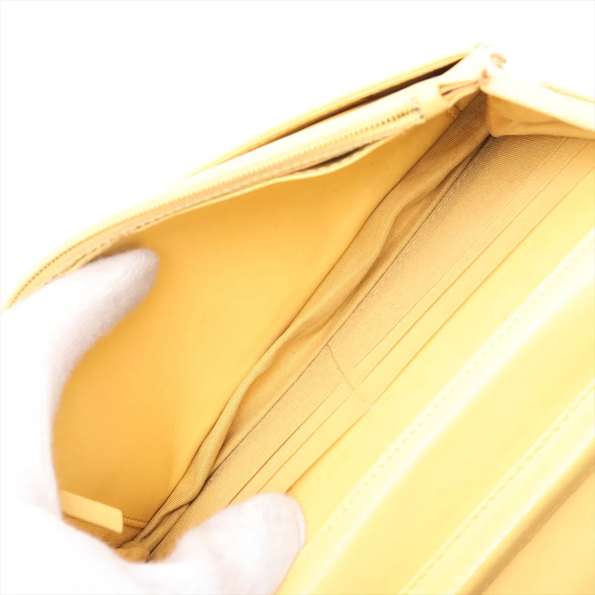 Boy Chanel Caviar Skin Chain Wallet, V-stitch Chevron, Yellow, Gold Hardware, 25010659, Serial Number 25 — view 6