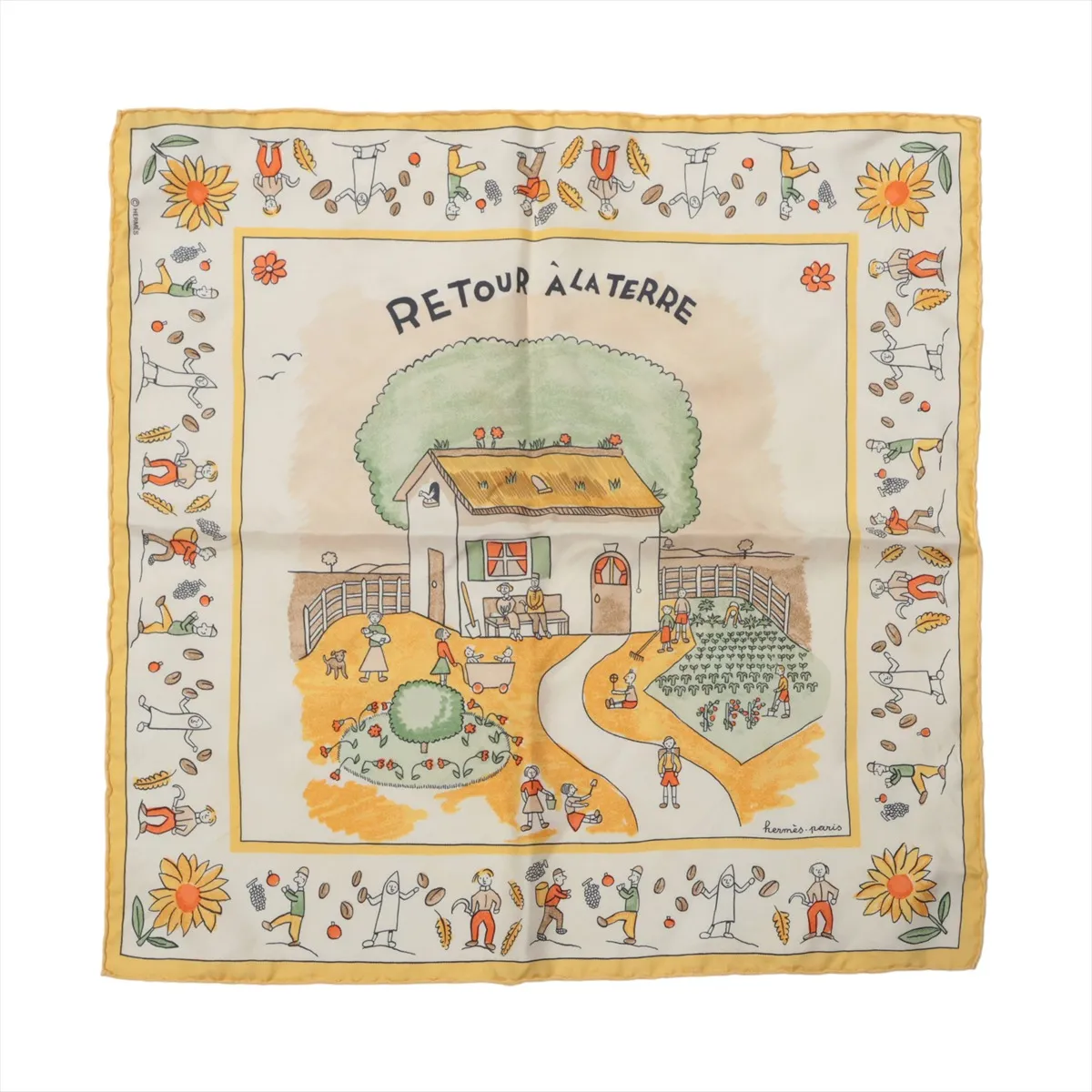 Carre 45 RETOUR A LA TERRE Return to hometown Scarf Silk Yellow Thread Fuzzing