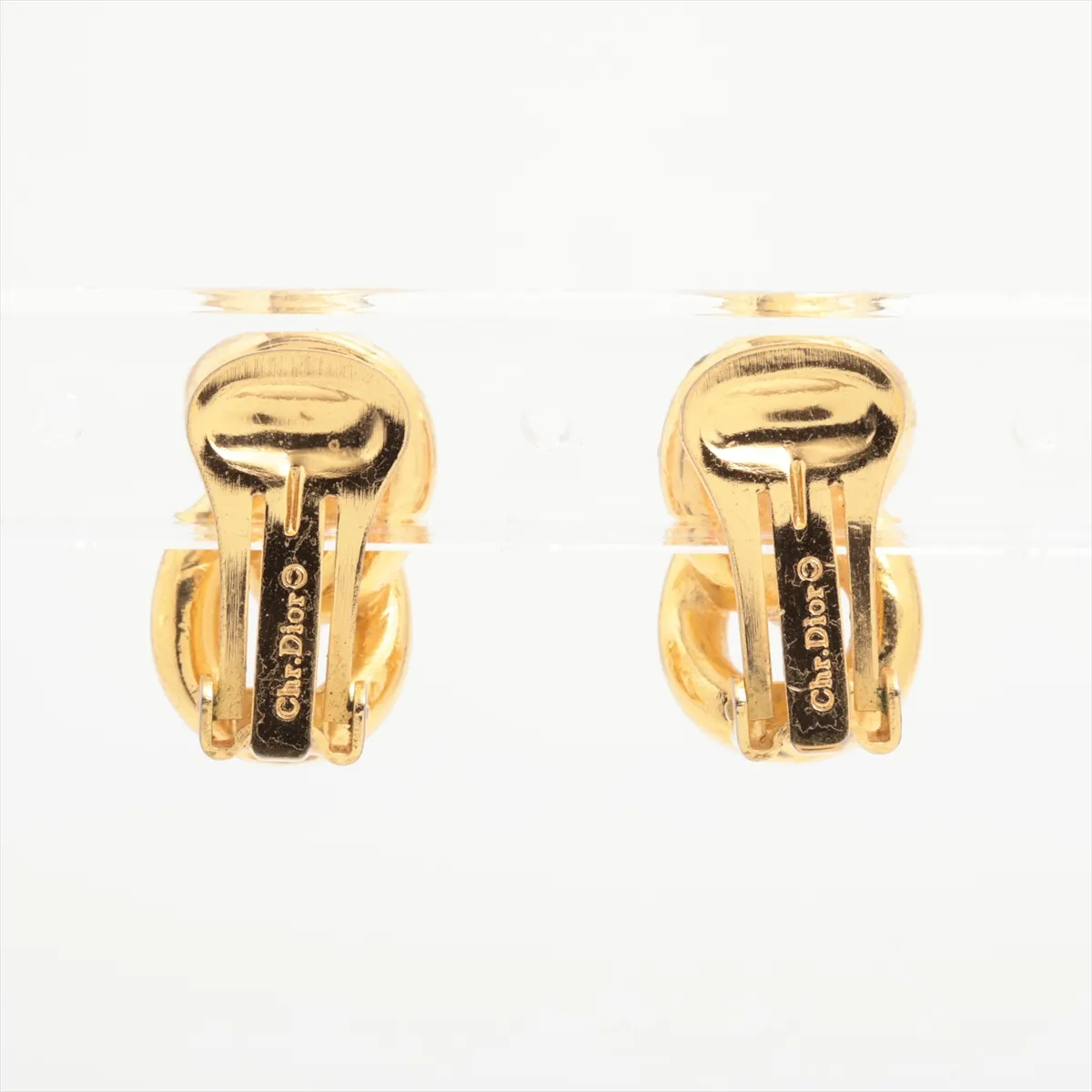 earrings (for both ears), gold-plated with rhinestones. Shows signs of wear including dents, — view 2