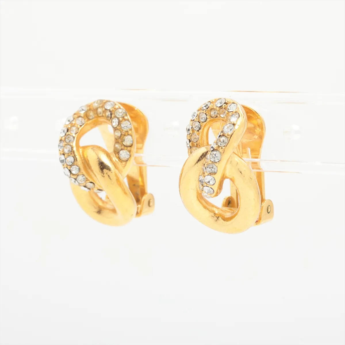 earrings (for both ears), gold-plated with rhinestones. Shows signs of wear including dents, — view 3