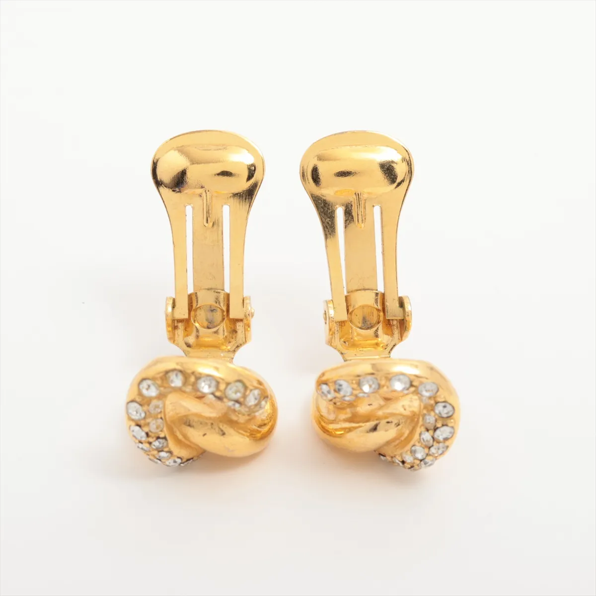 earrings (for both ears), gold-plated with rhinestones. Shows signs of wear including dents, — view 4