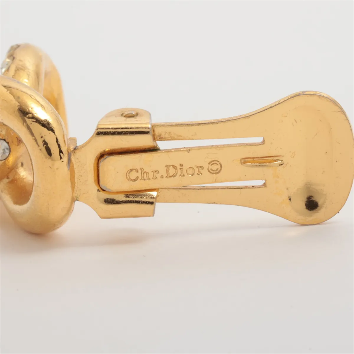 earrings (for both ears), gold-plated with rhinestones. Shows signs of wear including dents, — view 5