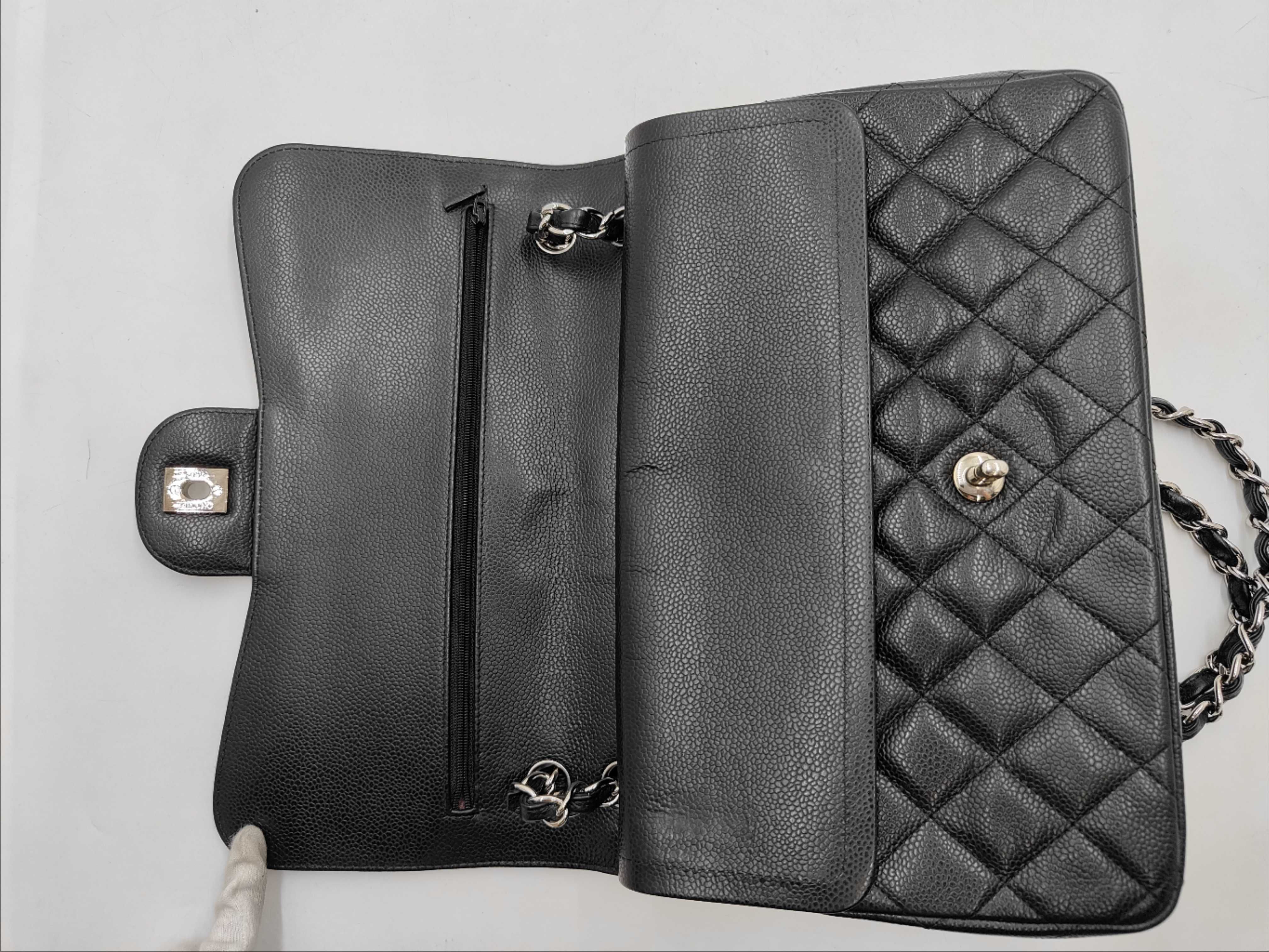 Matelassé Caviar Skin Double Flap Black Shoulder Bag — view 8
