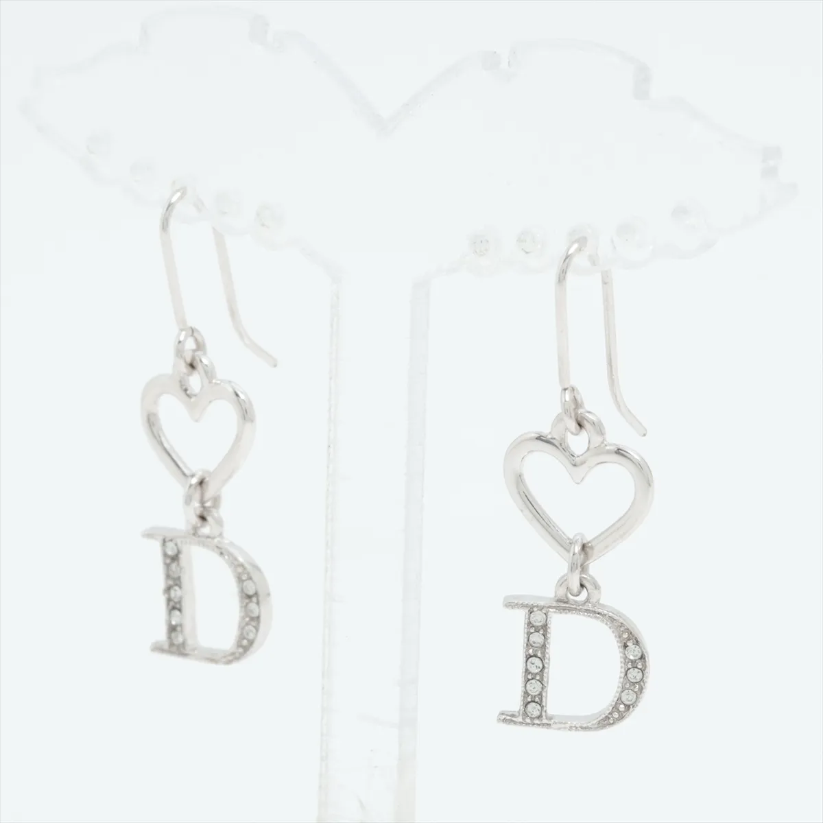D-logo earrings (for both ears), metal and rhinestone, silver. Shows signs of wear, — view 3
