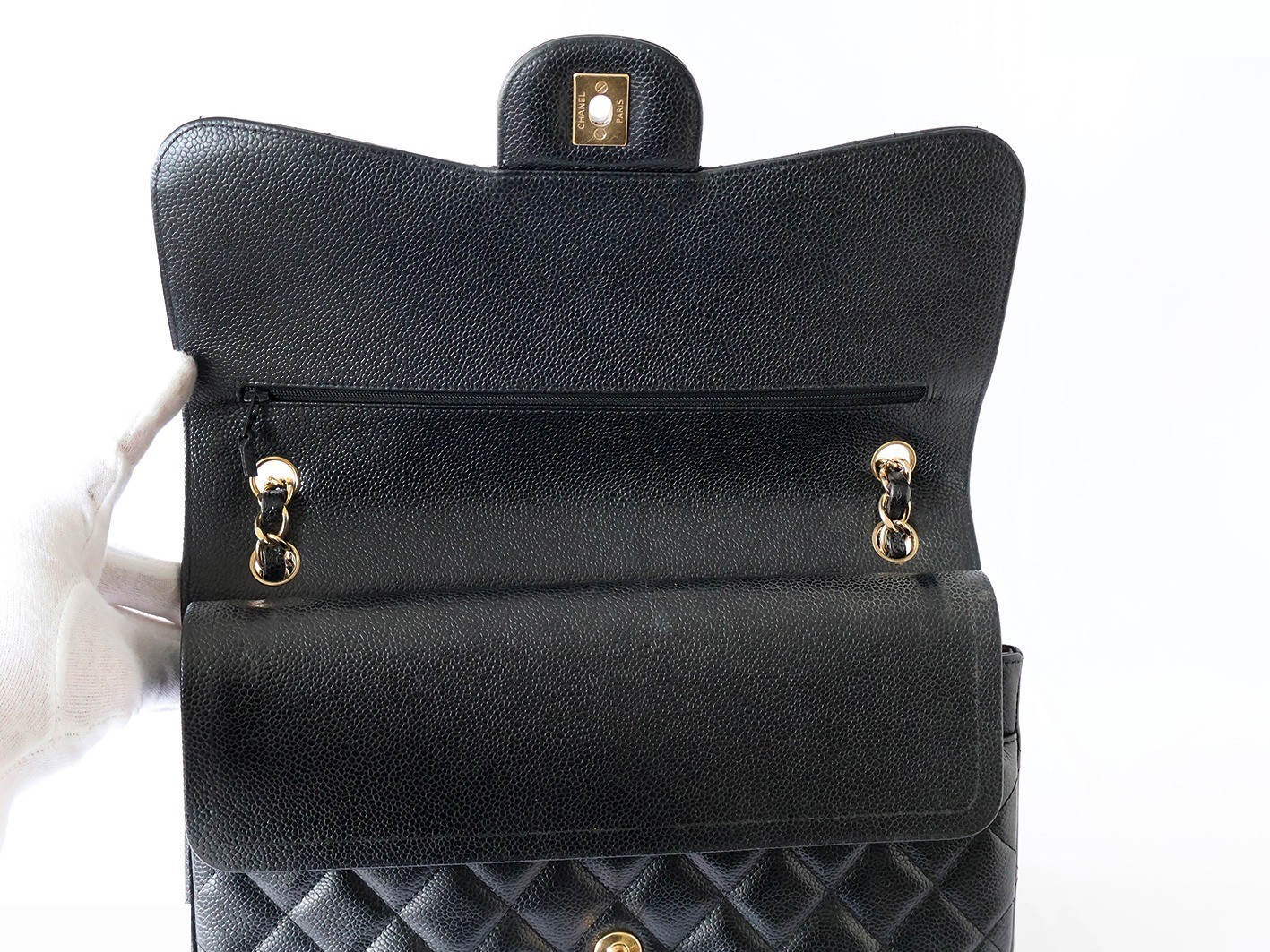Caviar Skin Large Matelassé 30 Double Flap Double Chain Shoulder Bag, Black — view 10