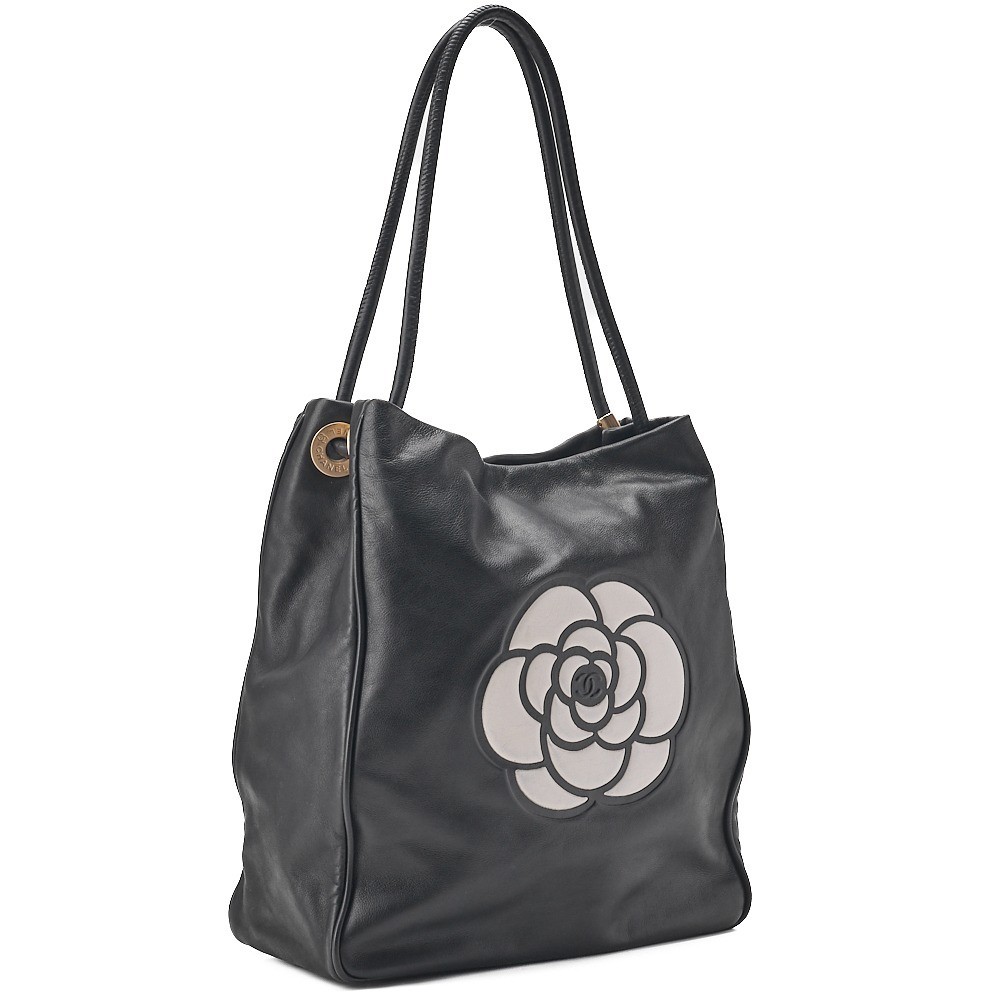 Lambskin Camellia Tote Bag, Black x White, Gold Hardware, Series 7 — view 3