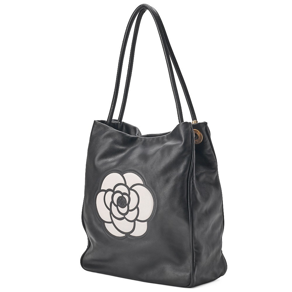 Lambskin Camellia Tote Bag, Black x White, Gold Hardware, Series 7 — view 4