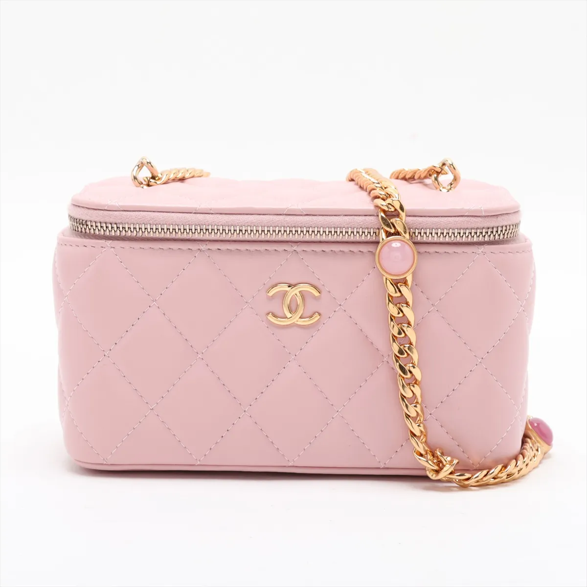 Matelassé Lambskin Chain Shoulder Bag Vanity Case Pink Gold Hardware KTA22K81 Random Serial Number