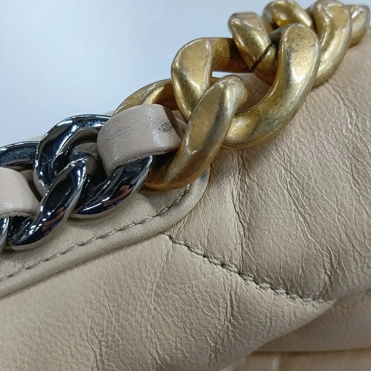 19 Lambskin Chain Shoulder Bag, Beige, Gold x Silver Hardware, 30022066, Serial Number in the 30s, AS1160 — view 11