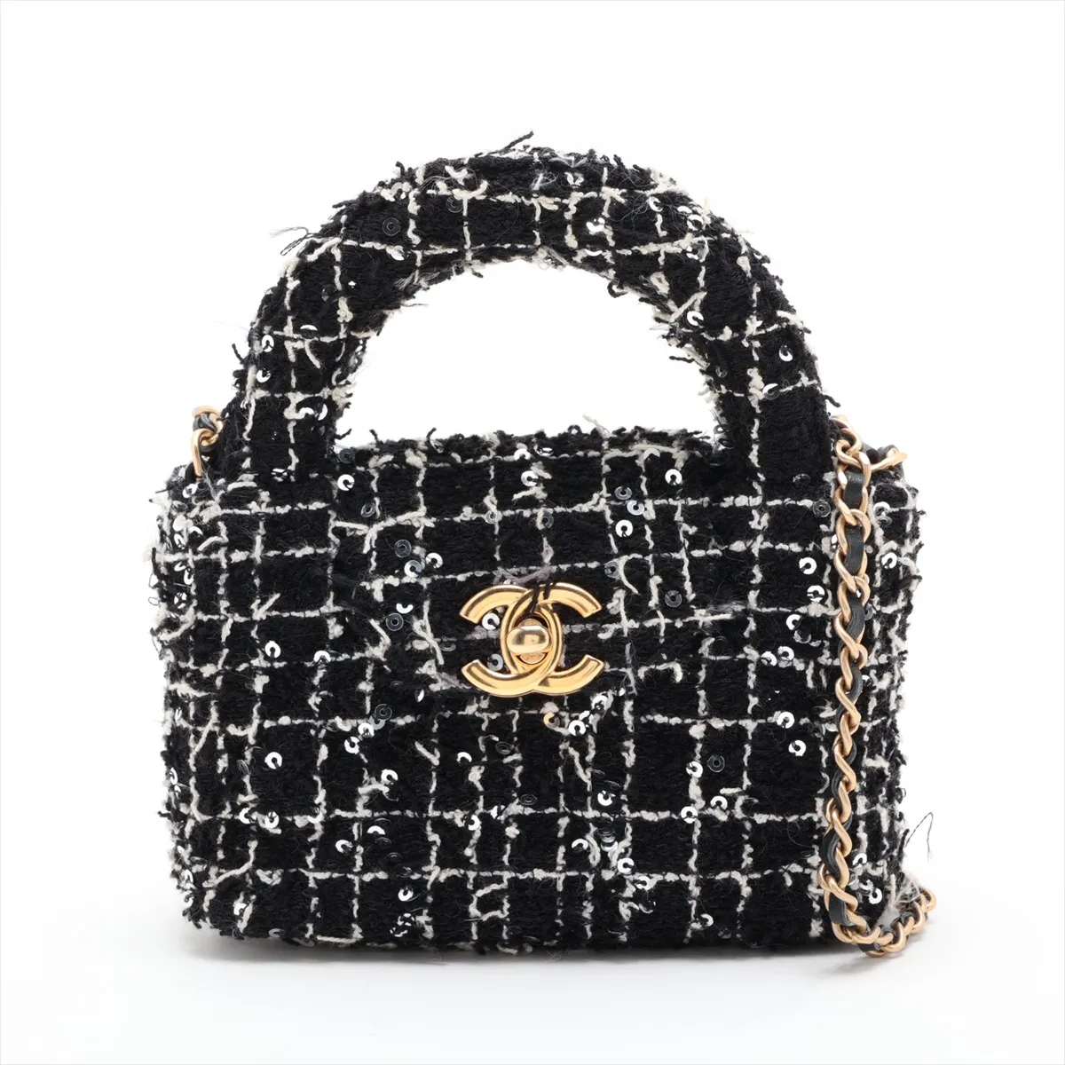 Matelassé Tweed x Sequin 2-Way Handbag, Black x White, Gold Hardware, HTTC6N26, Random Serial Number