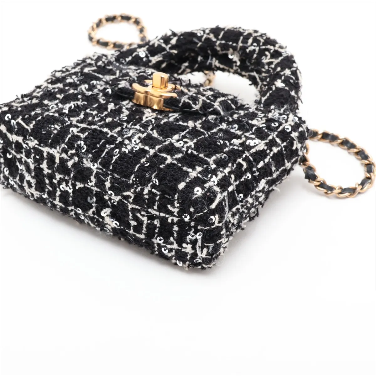 Matelassé Tweed x Sequin 2-Way Handbag, Black x White, Gold Hardware, HTTC6N26, Random Serial Number — view 3