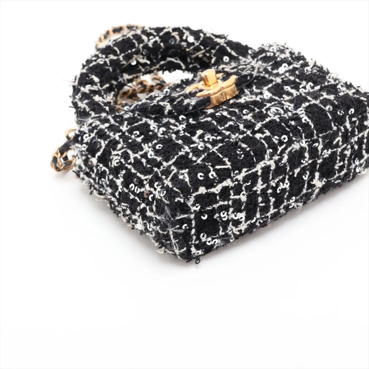 Matelassé Tweed x Sequin 2-Way Handbag, Black x White, Gold Hardware, HTTC6N26, Random Serial Number — view 4
