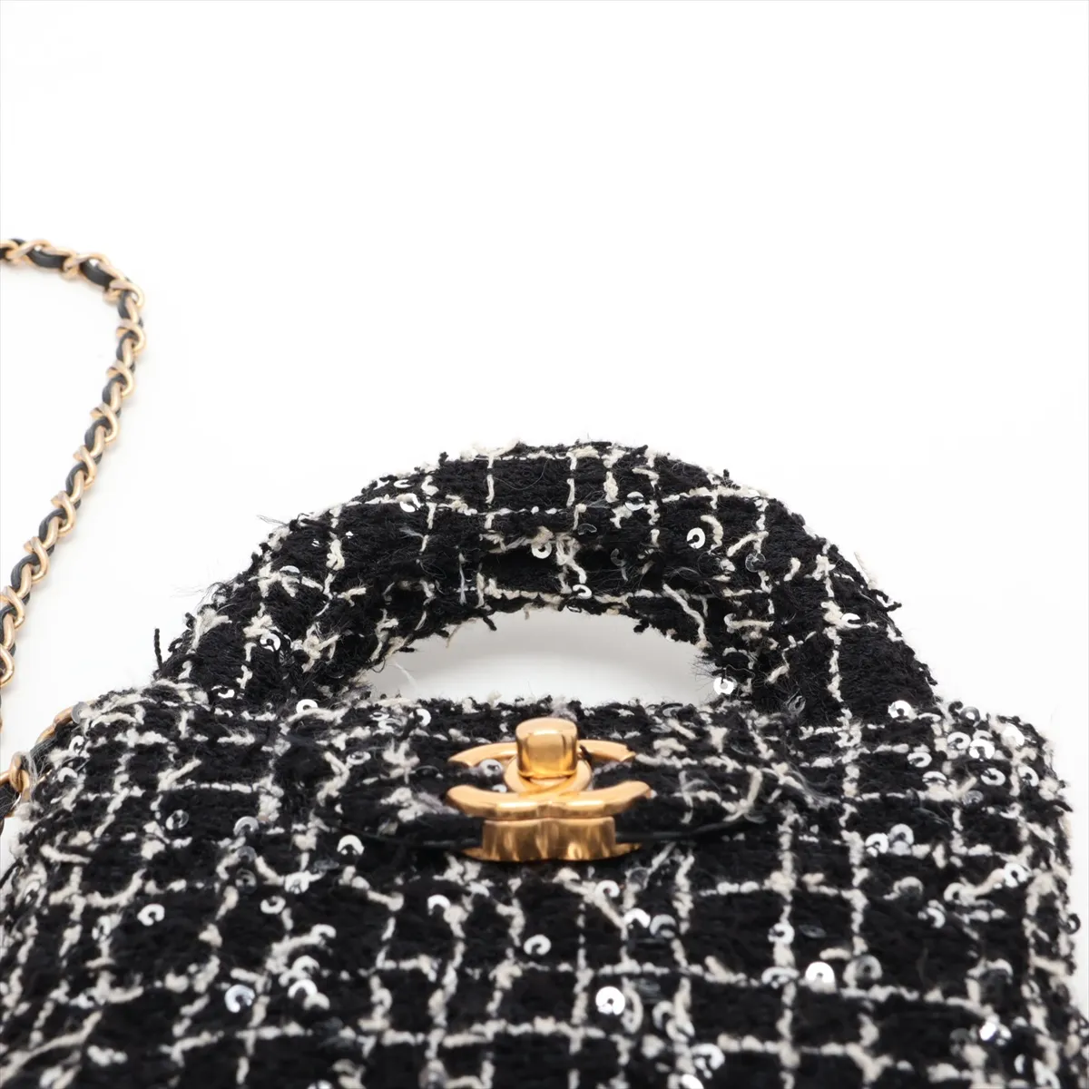 Matelassé Tweed x Sequin 2-Way Handbag, Black x White, Gold Hardware, HTTC6N26, Random Serial Number — view 6