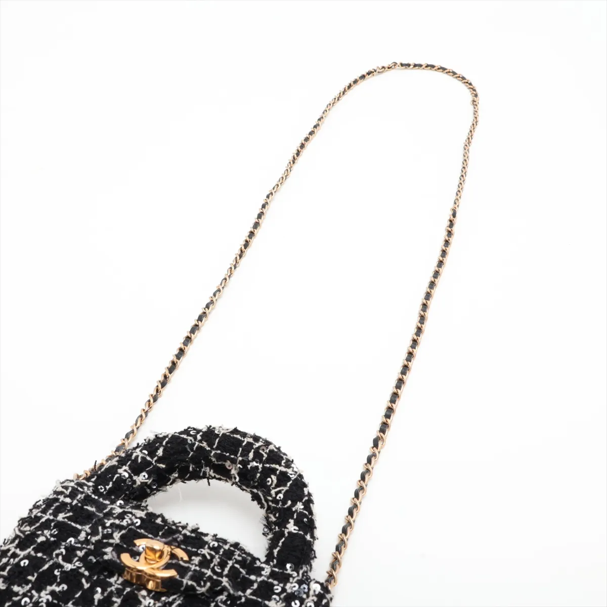 Matelassé Tweed x Sequin 2-Way Handbag, Black x White, Gold Hardware, HTTC6N26, Random Serial Number — view 7