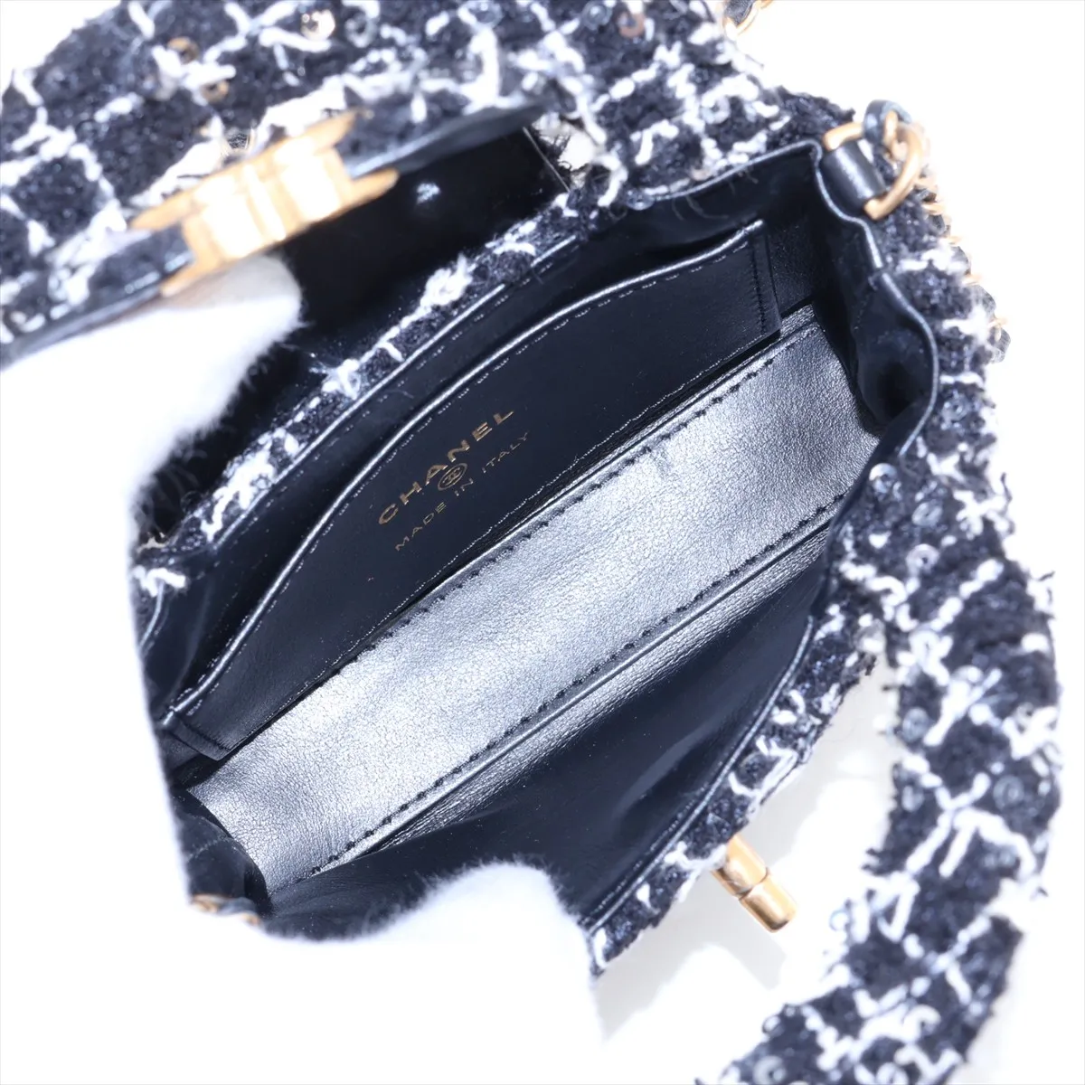 Matelassé Tweed x Sequin 2-Way Handbag, Black x White, Gold Hardware, HTTC6N26, Random Serial Number — view 8