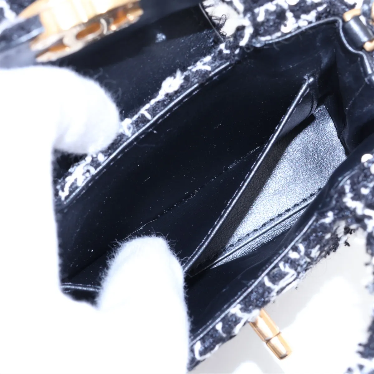 Matelassé Tweed x Sequin 2-Way Handbag, Black x White, Gold Hardware, HTTC6N26, Random Serial Number — view 9