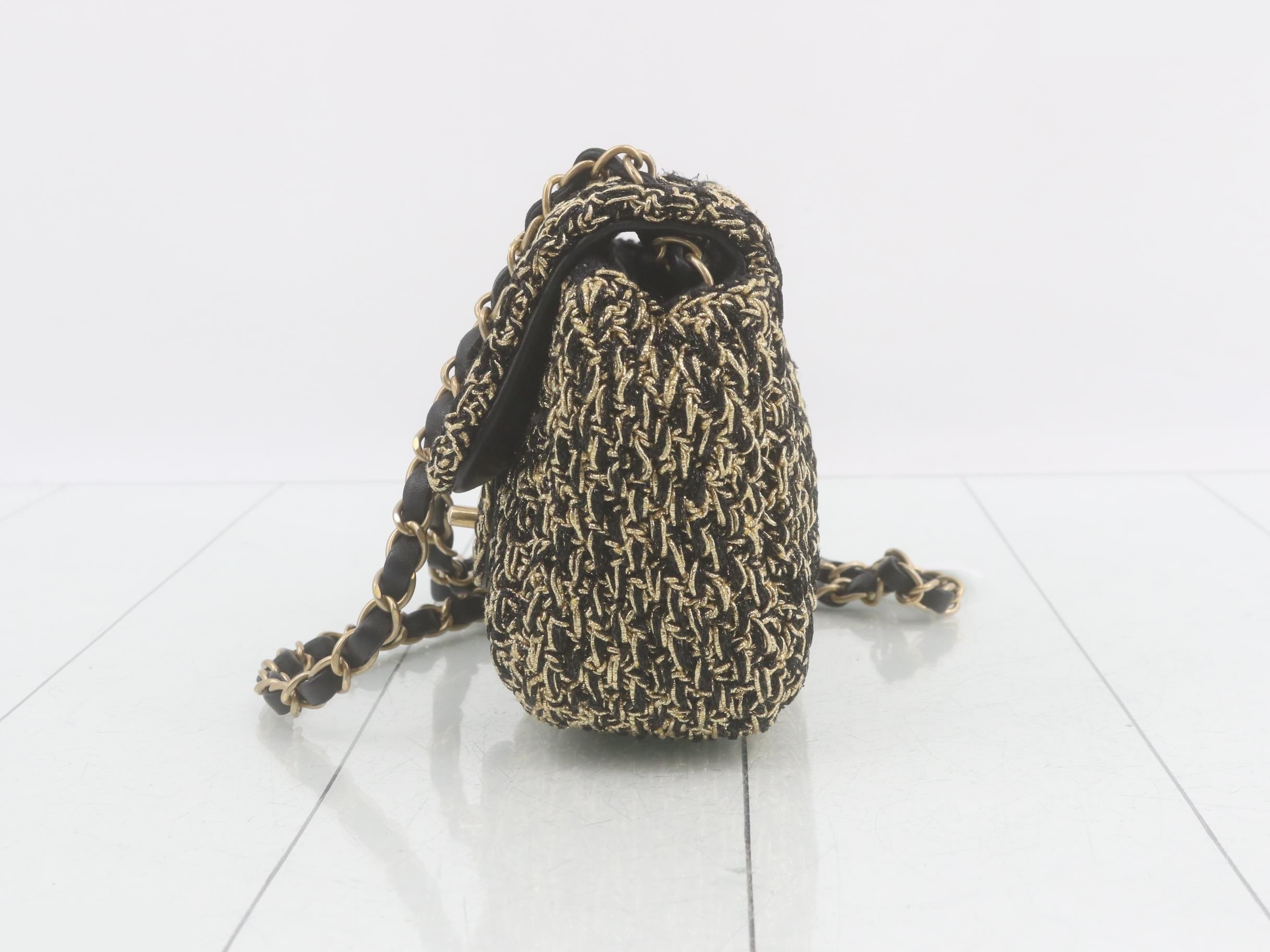 Tweed Coco Mark Chain Shoulder Bag, Black/Gold — view 3