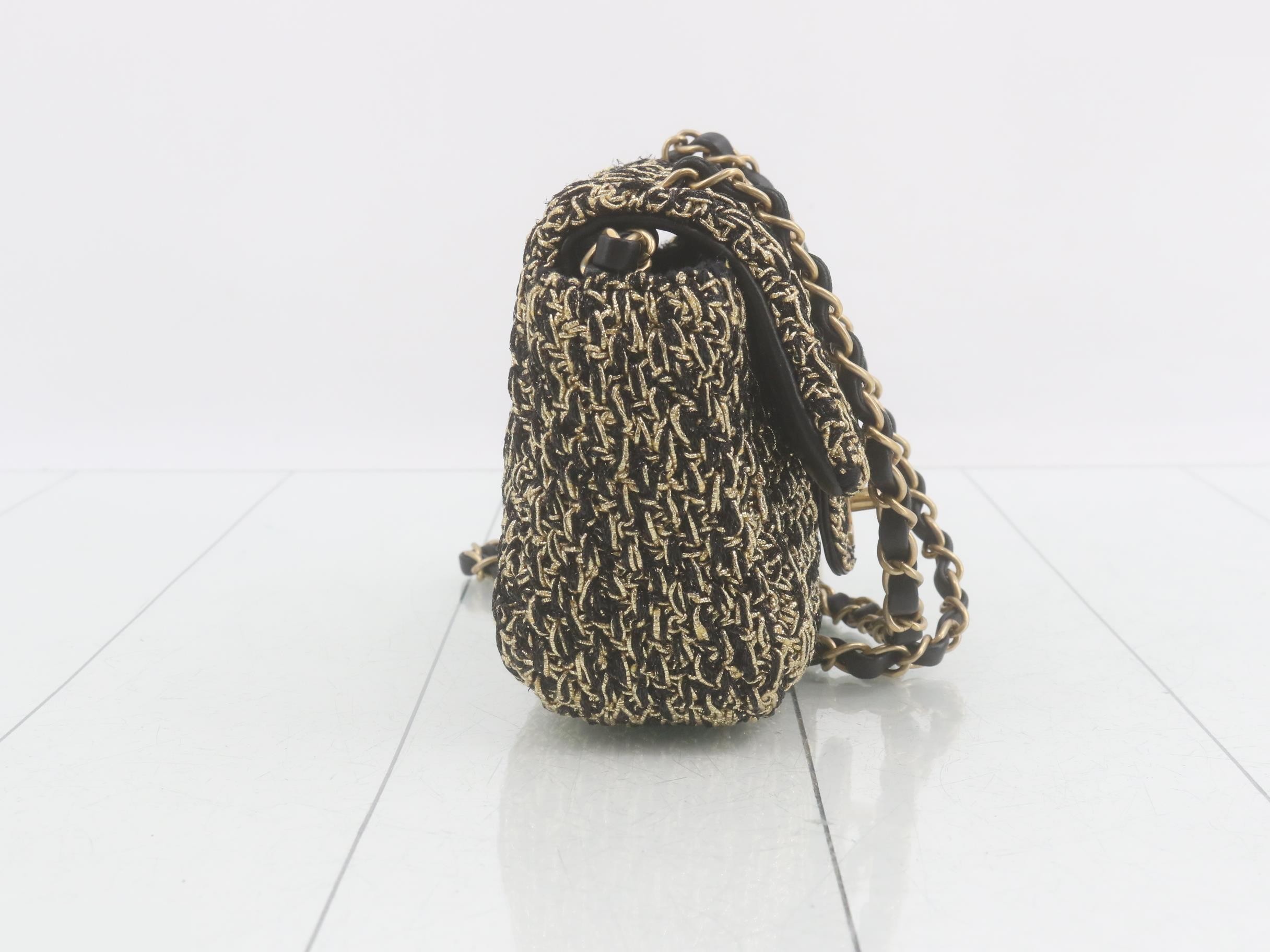 Tweed Coco Mark Chain Shoulder Bag, Black/Gold — view 4