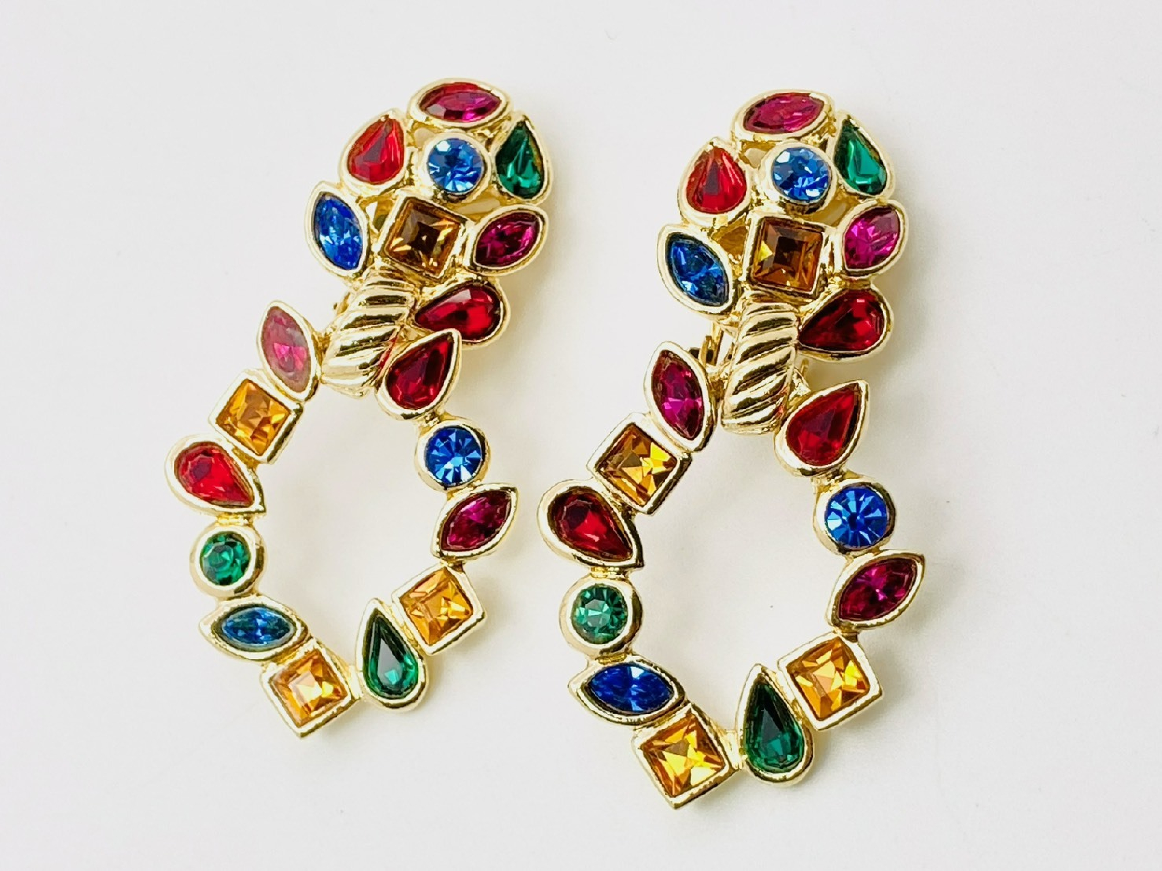 Multicolor Stone Circle Swing Gold Earrings — view 2