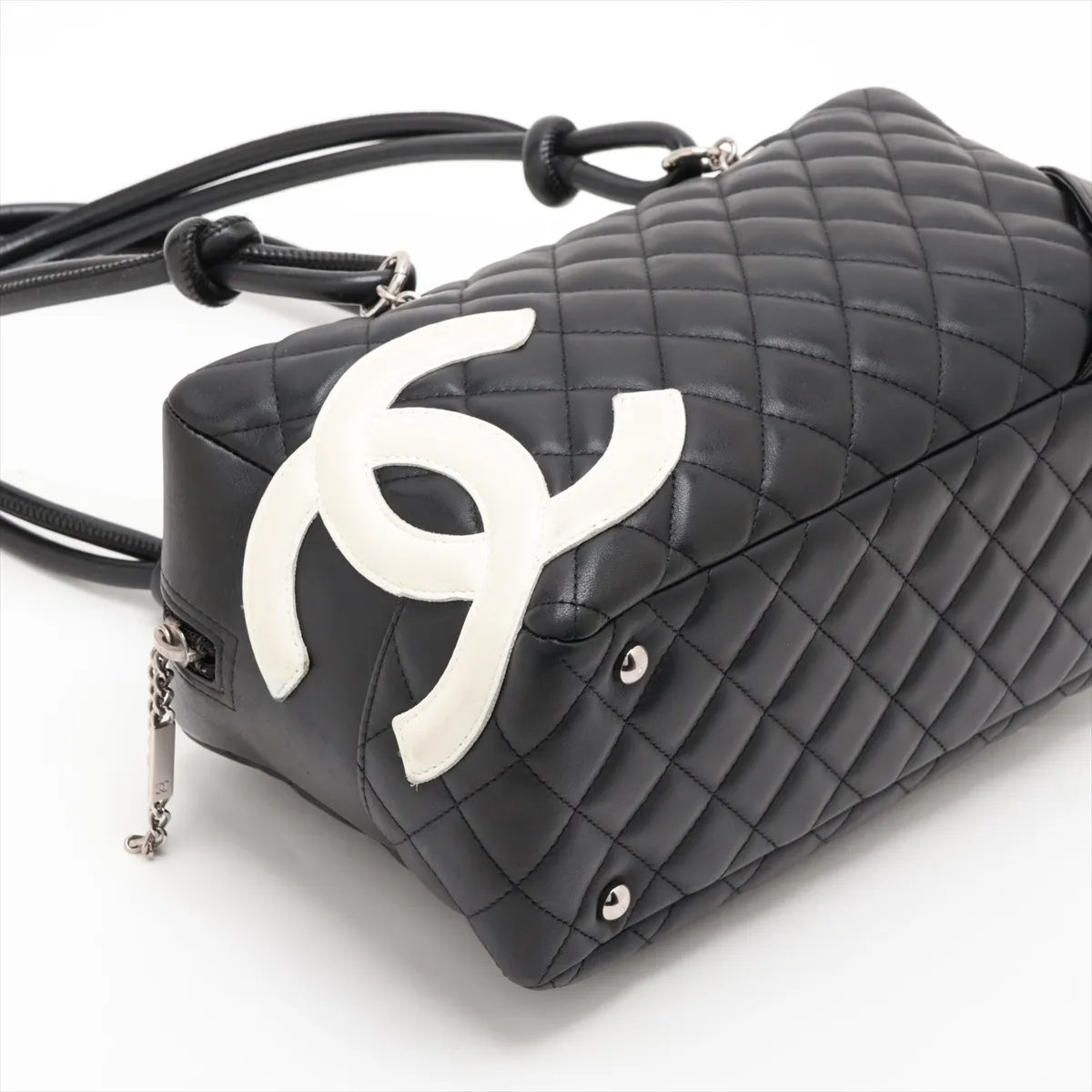 Cambon Line Lambskin Shoulder Bag, Black x White, Silver Hardware, 9053866, Series 9 — view 4