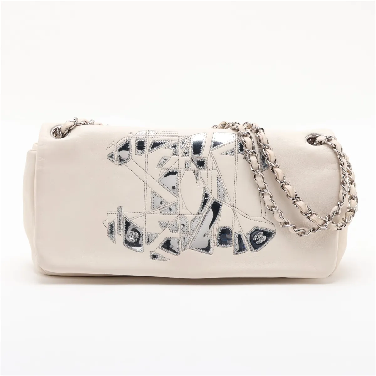 Coco Mark Lambskin Single Flap Double Chain Bag, White, Silver Hardware, 12913906, Serial Number in the 12-series, Aftermarket Repairs