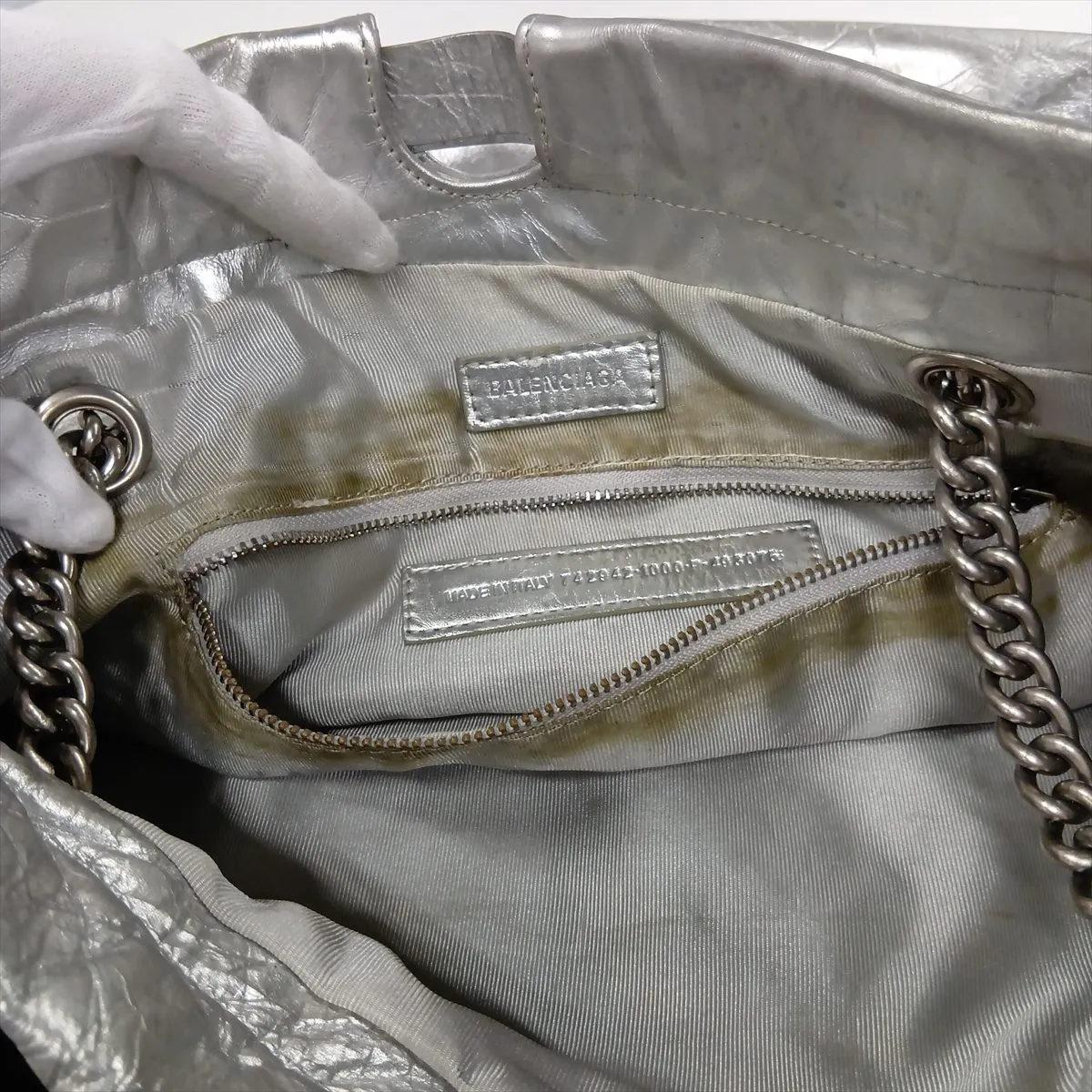 Crushed Leather Chain Shoulder Bag, Silver, 742942 — view 12