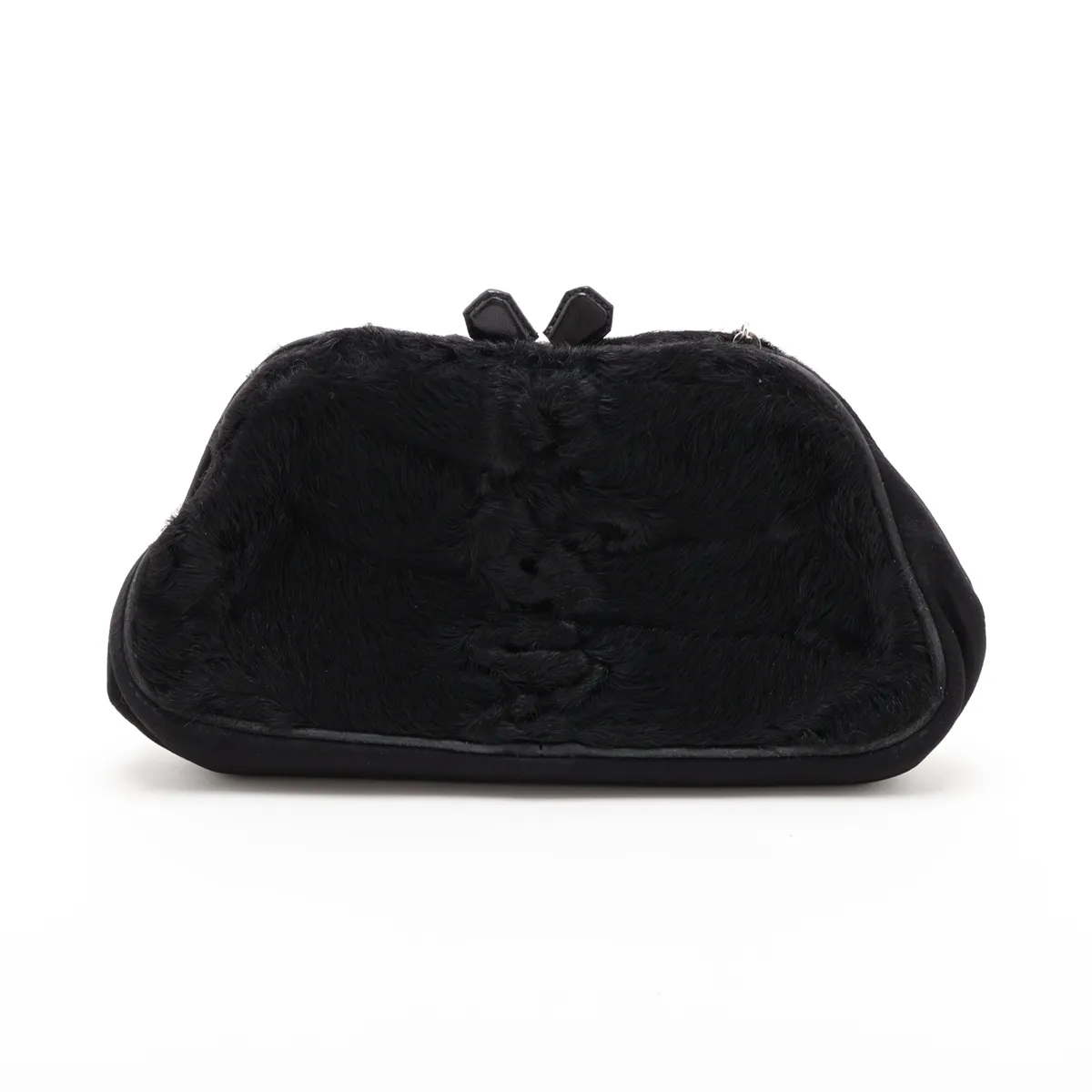 Fur and Leather Chain Shoulder Bag, Black, with Mirror — view 2