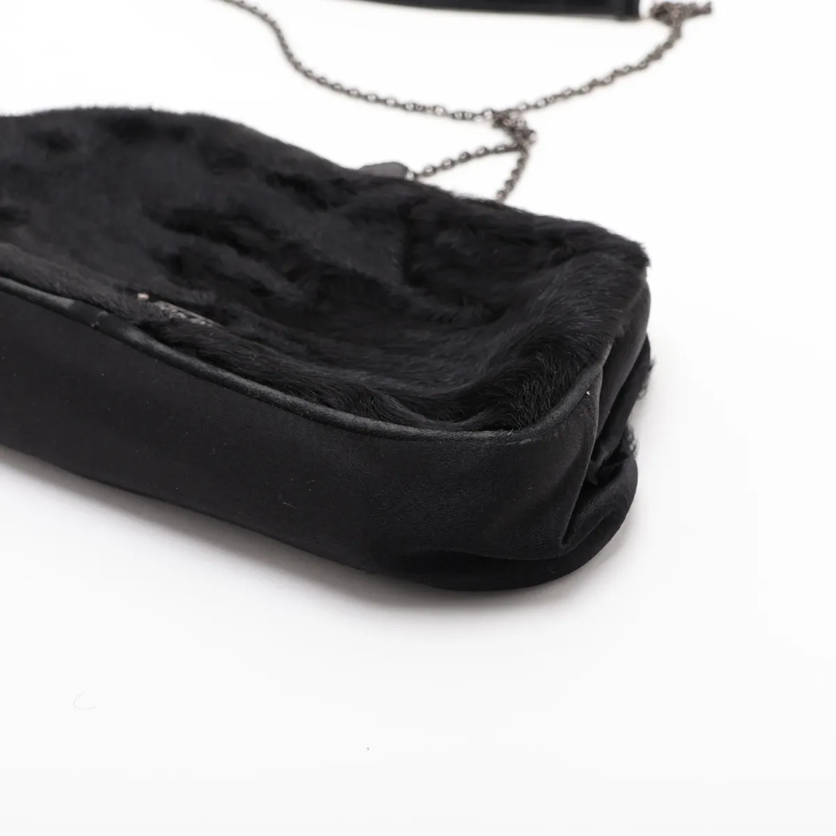 Fur and Leather Chain Shoulder Bag, Black, with Mirror — view 3