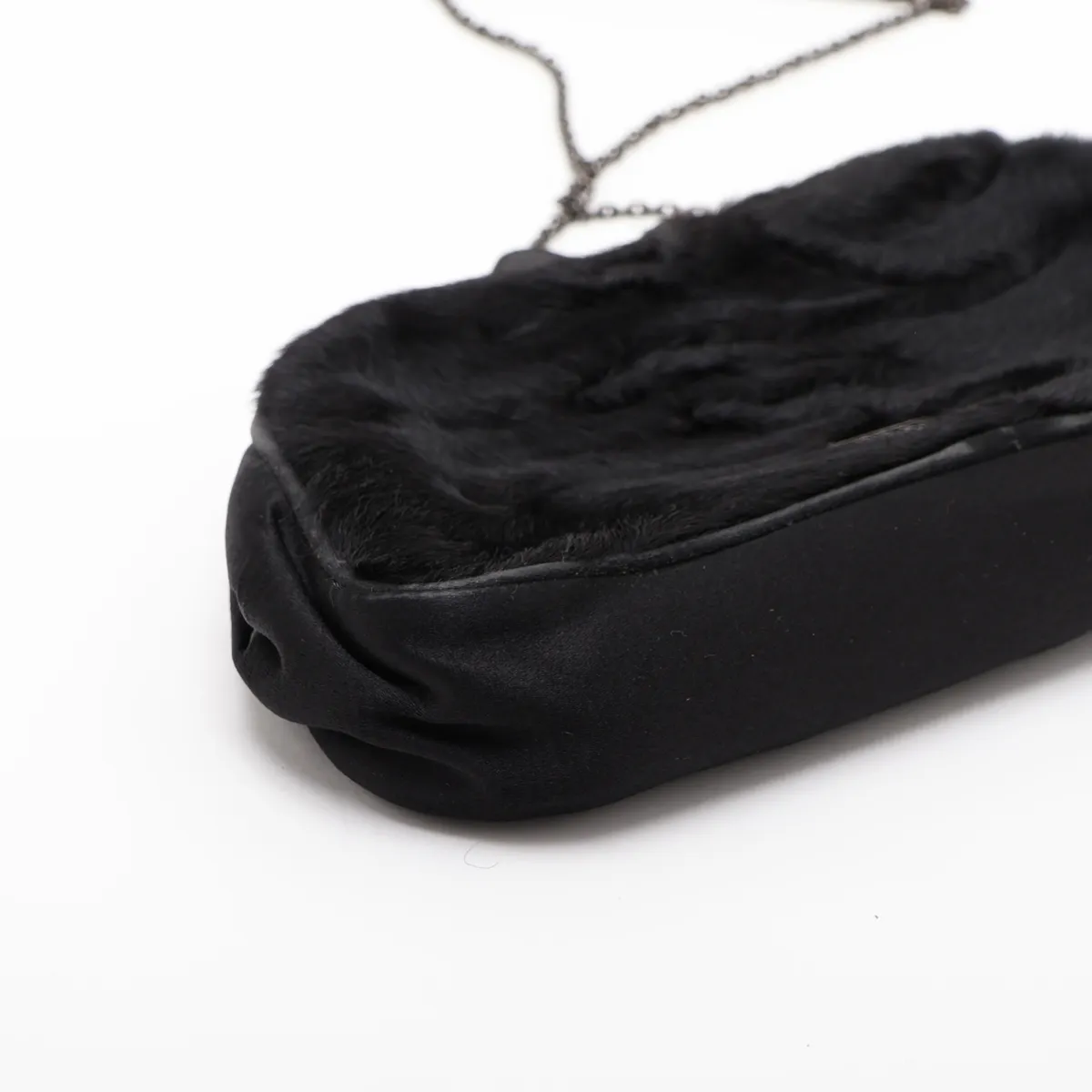 Fur and Leather Chain Shoulder Bag, Black, with Mirror — view 4