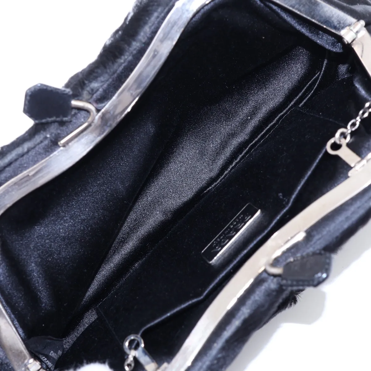 Fur and Leather Chain Shoulder Bag, Black, with Mirror — view 6