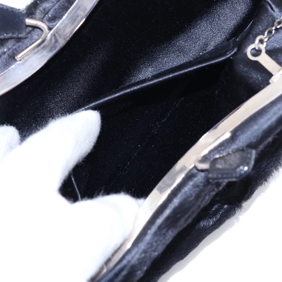 Fur and Leather Chain Shoulder Bag, Black, with Mirror — view 7