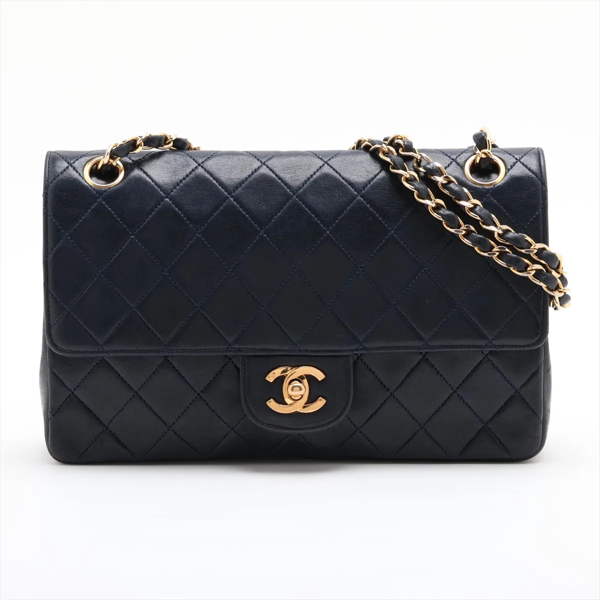 Matelassé Lambskin Double Flap Double Chain Bag, Navy, Gold Hardware, 0499903 (Serial Number 0)