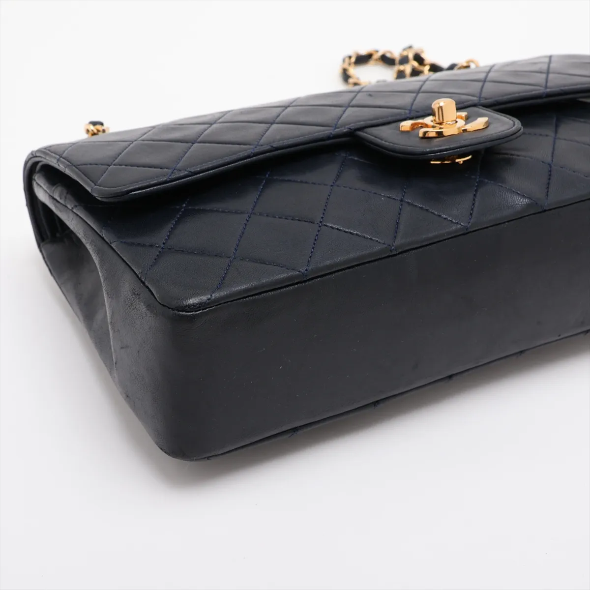 Matelassé Lambskin Double Flap Double Chain Bag, Navy, Gold Hardware, 0499903 (Serial Number 0) — view 4