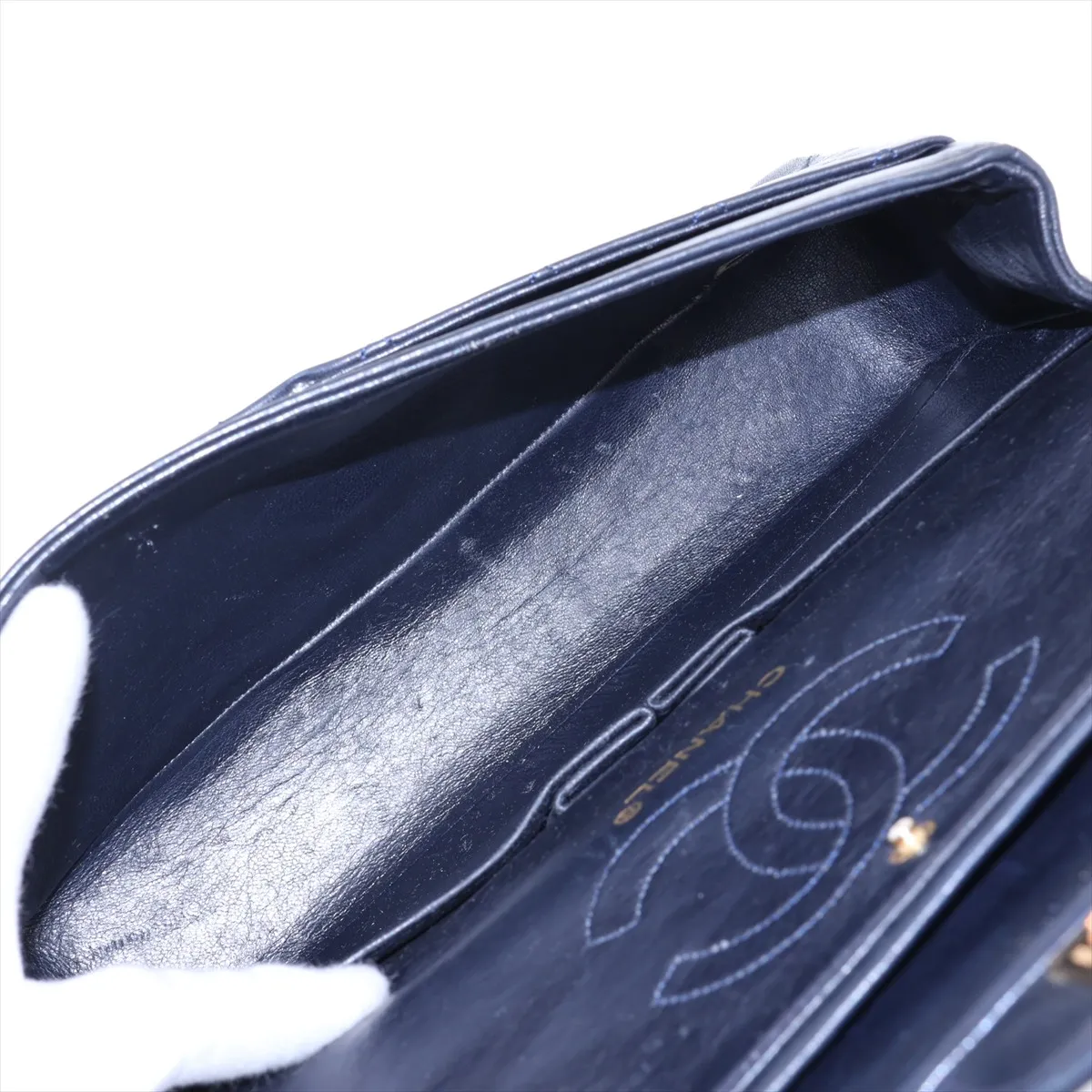 Matelassé Lambskin Double Flap Double Chain Bag, Navy, Gold Hardware, 0499903 (Serial Number 0) — view 7