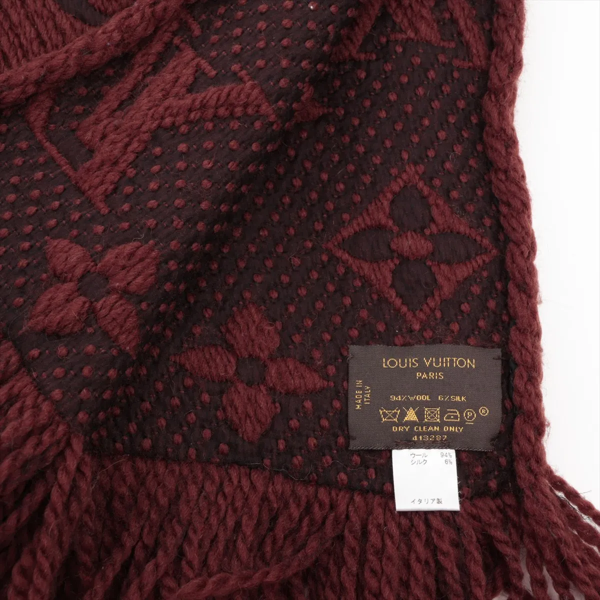 413287 Echarpe Logomania Scarf, Wool x Silk, Dark Brown. Shows signs of wear, — view 2