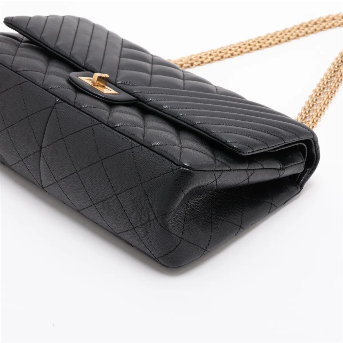 Matelassé 2.55 Large Caviar Skin Double Flap Double Chain Bag, Black with Gold Hardware, 23538581, Serial Number , A37587 — view 3