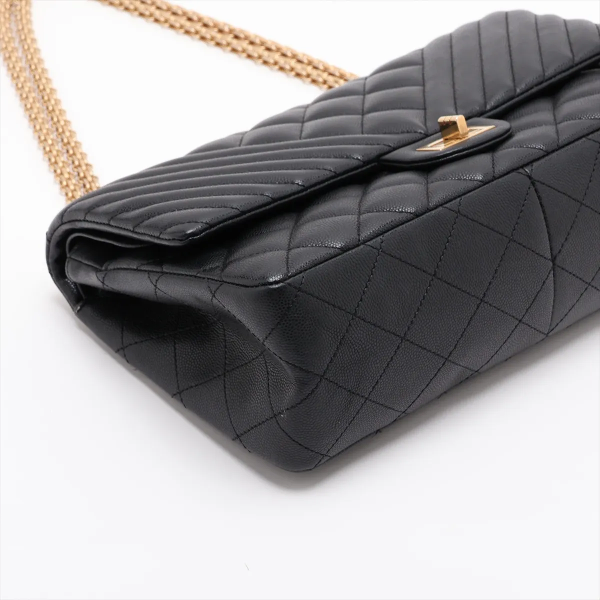 Matelassé 2.55 Large Caviar Skin Double Flap Double Chain Bag, Black with Gold Hardware, 23538581, Serial Number , A37587 — view 4
