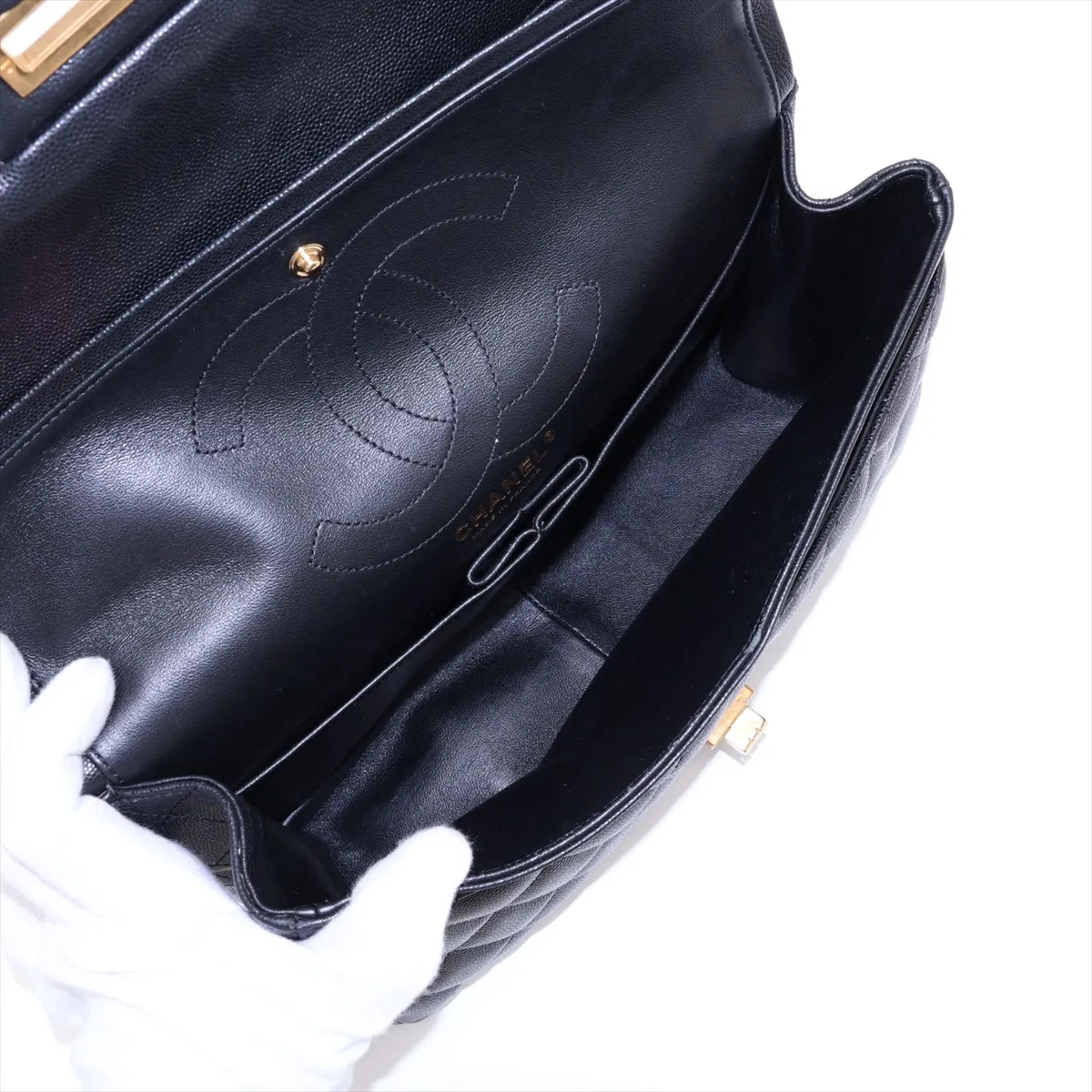 Matelassé 2.55 Large Caviar Skin Double Flap Double Chain Bag, Black with Gold Hardware, 23538581, Serial Number , A37587 — view 7