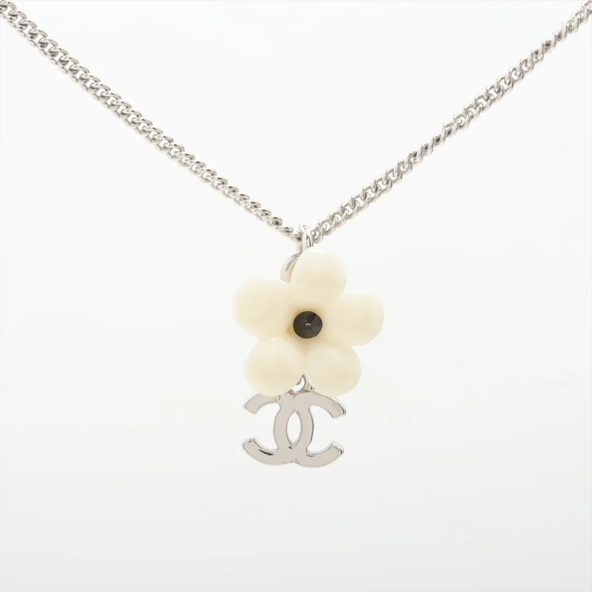 Coco Mark Flower Necklace 05A, Metal, Silver x White,