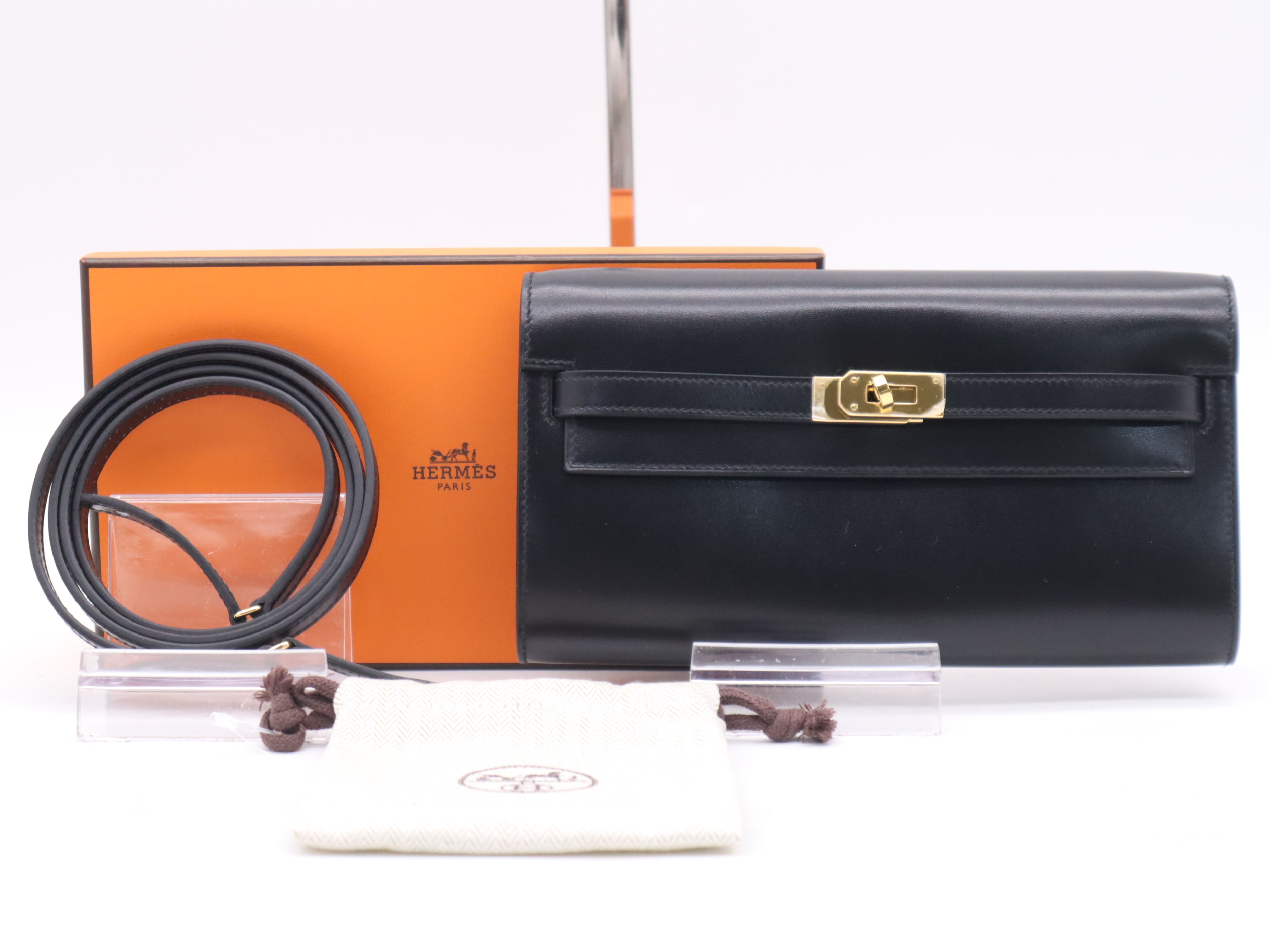 Leather Kelly To Go Shoulder Bag with Shoulder Strap, Small Dust Bag, and Box