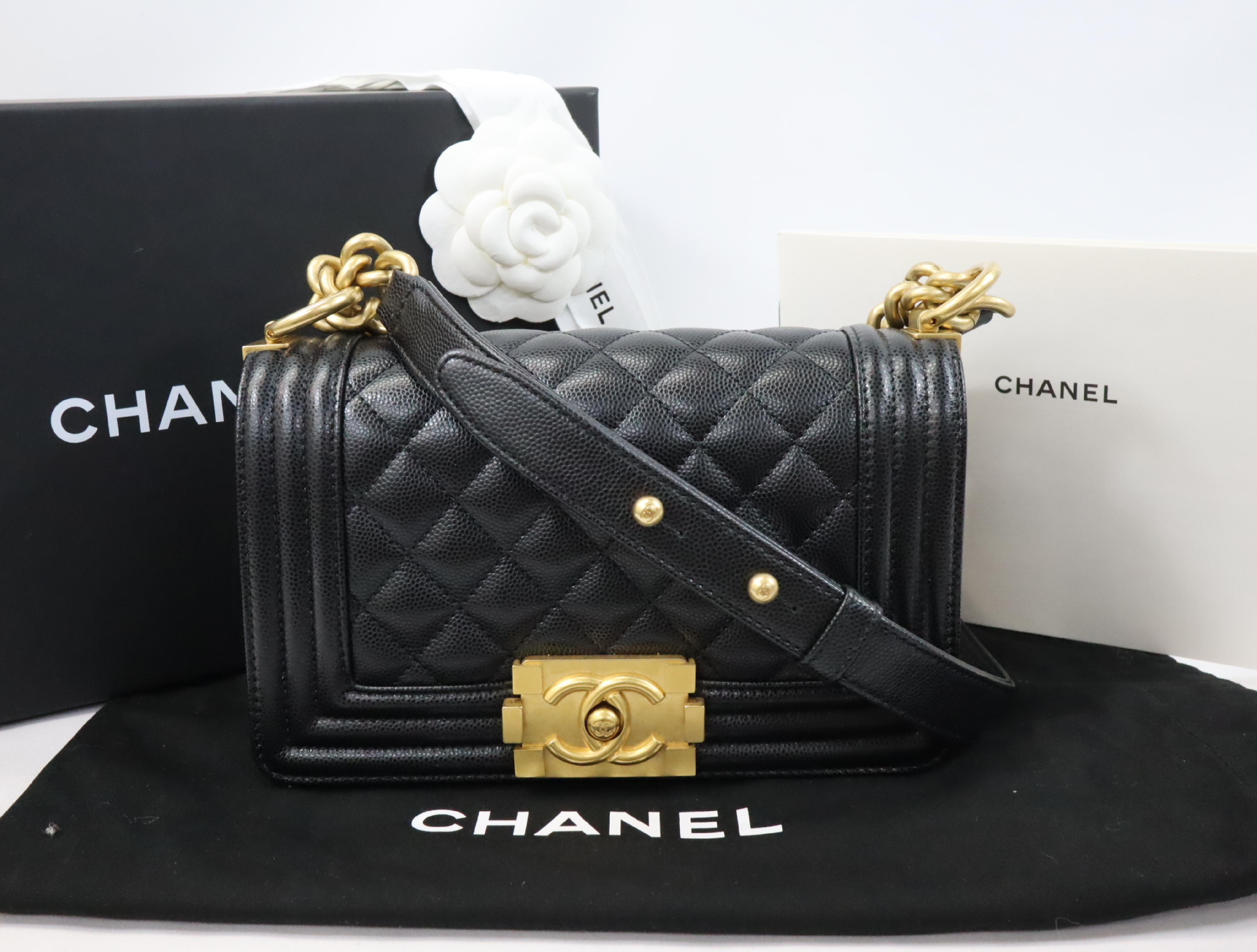 Boy Chanel 20 Small Caviar Skin Chain Shoulder Bag, Black with Gold Hardware and Random Plate Design (A67085)